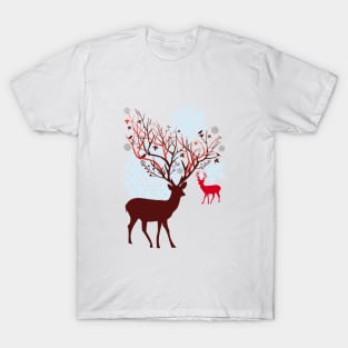 Christmas deer with tree branch antlers and birds T-Shirt